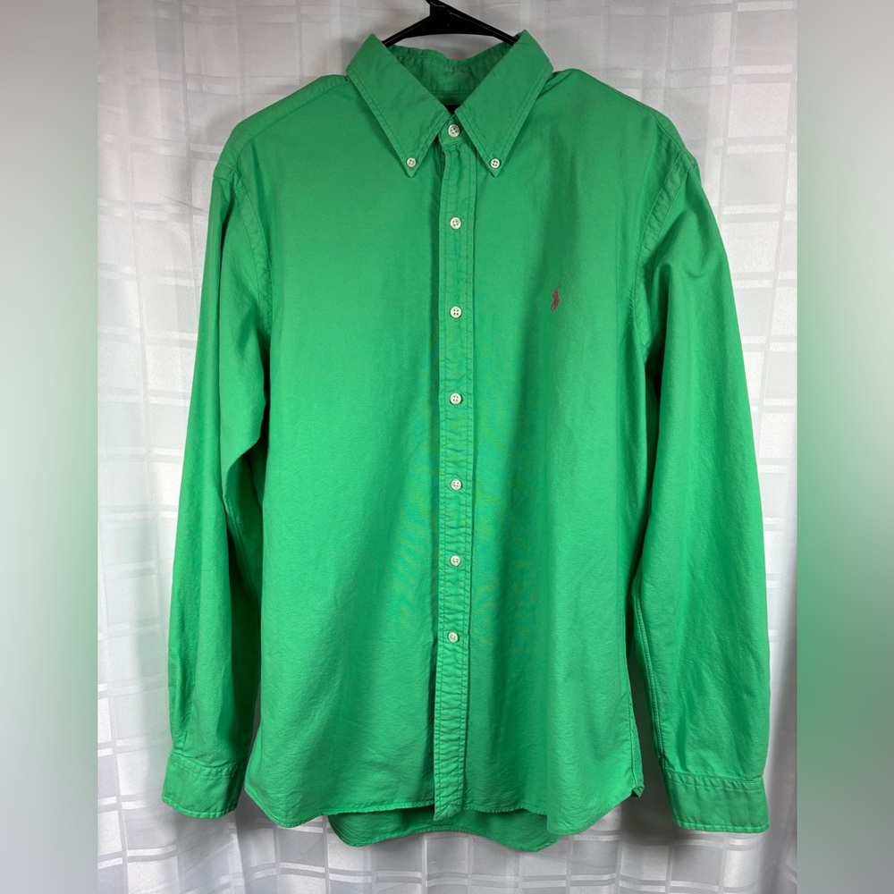 Polo Ralph Lauren Button Down Long Sleeve Green Shirt Pink Pony Size L